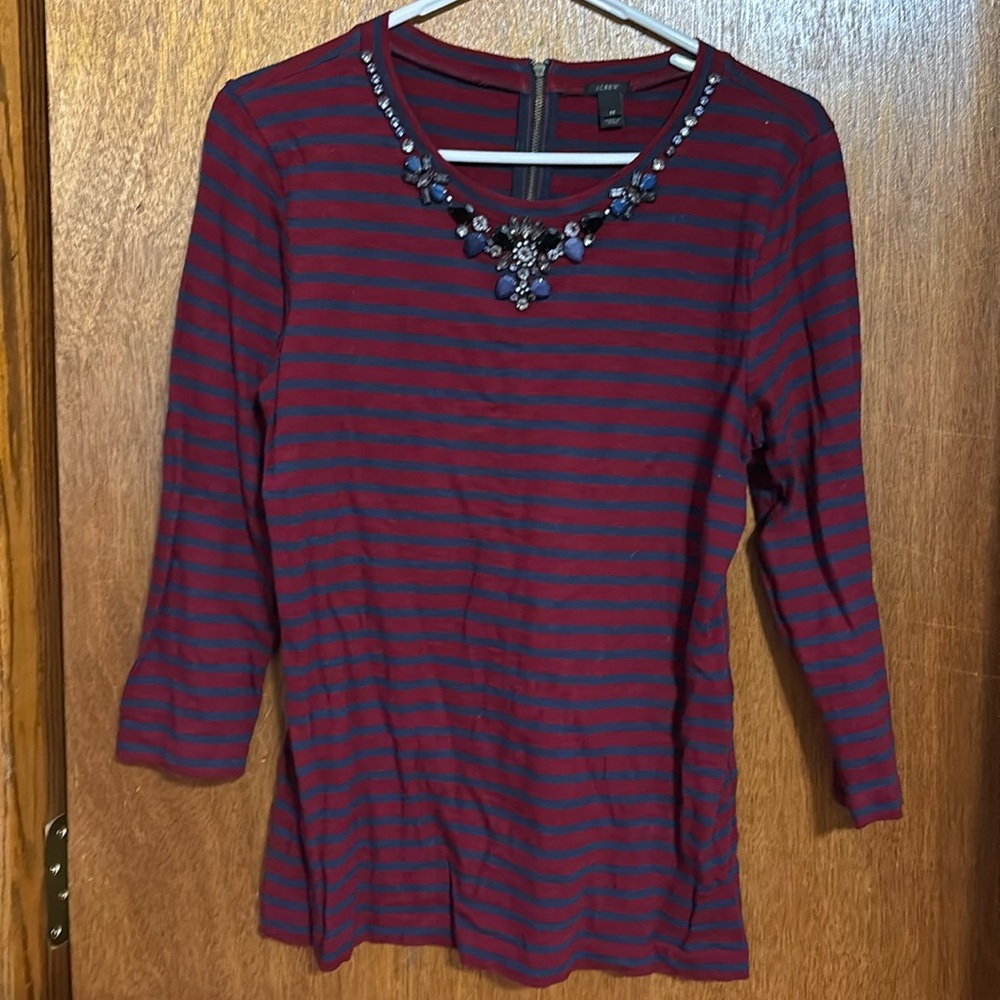 Beautiful jeweled collar maroon and blue striped JCrew 3/4 length sleeve top 🤩